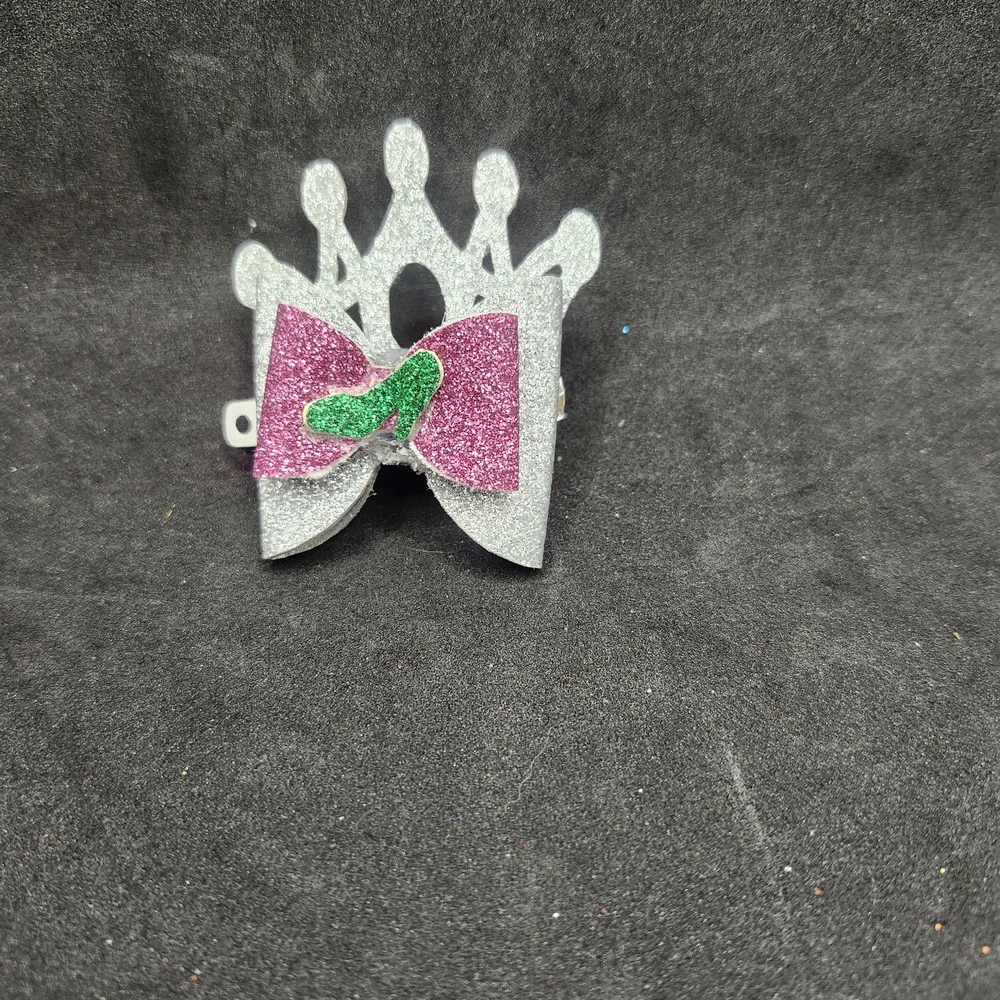 Hand Crafted Pink, Silver and Green Crown Glitter Hair Bow Barrette Clip